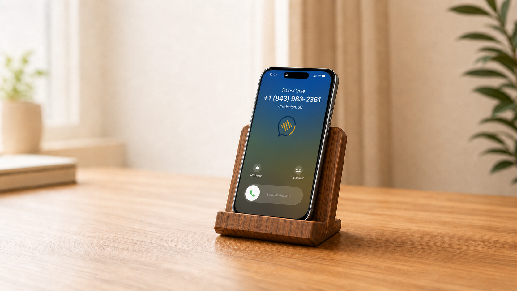 Smartphone in a wooden stand on a warm desk